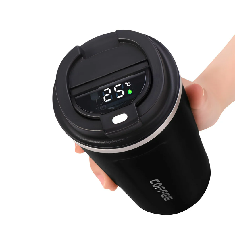 Cana termica, Zola, 500 ml, otel inoxidabil si plastic, afisaj LED temperatura, 8.5x16 cm, negru Cana termica, Zola, 500 ml, otel inoxidabil si plastic, afisaj LED temperatura, 8.5x16 cm, negru